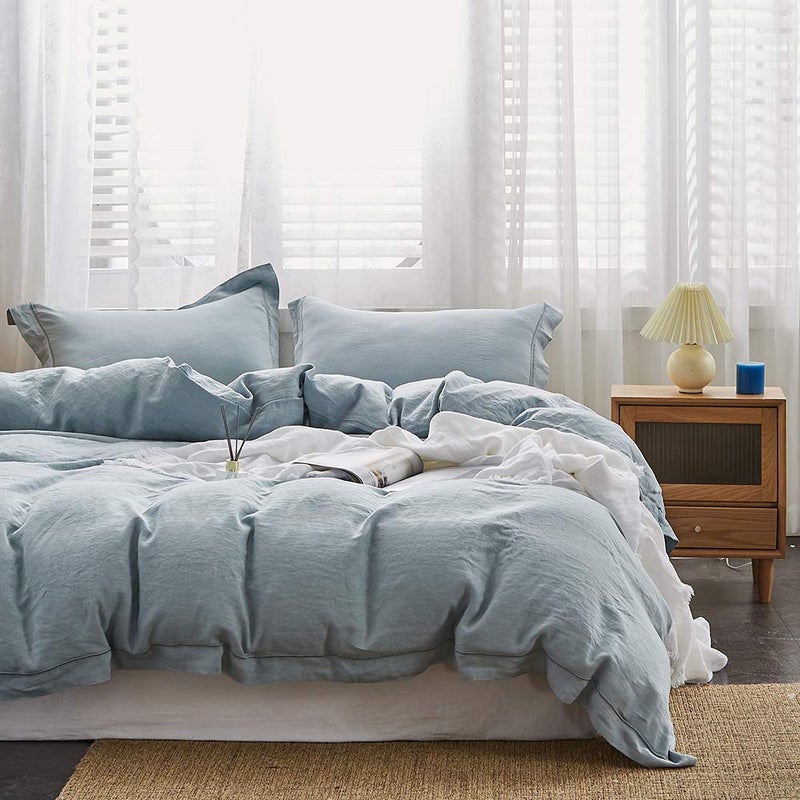 Simple&Opulence 100% French Flax Linen Duvet Cover Set with Embroidery Washed - 3 Pieces (1 Duvet Cover with 2 Pillow Shams) with Button Closure Soft Breathable Farmhouse - Dusty Blue, King Size - Image 1